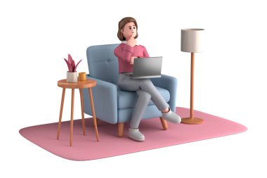 3D iş kadını yönetici pozu dizüstü bilgisayarla oturup beyaz arka planda izole edilmiş bir fikri düşünüyor.