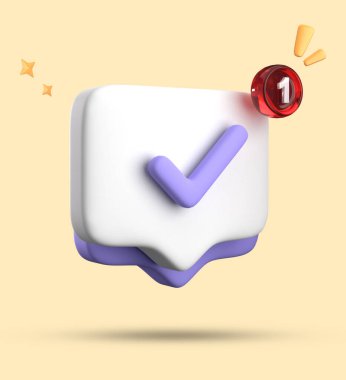 Bildirim simgeleriyle üç boyutlu konuşma balonu oluşturma, işaretlenmiş simgeyle üç boyutlu pastel sohbet. 3d konuşma baloncuğu kümesi.