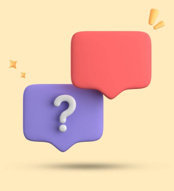 Konuşma baloncuğunun 3d görüntülenmesi, soru işareti simgesi setiyle 3B pastel sohbet.