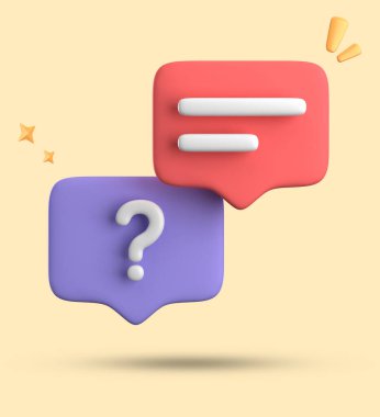 Konuşma baloncuğunun 3d görüntülenmesi, soru işareti simgesi setiyle 3B pastel sohbet.