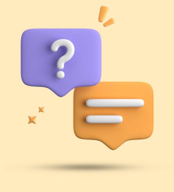 Konuşma baloncuğunun 3d görüntülenmesi, soru işareti simgesi setiyle 3B pastel sohbet.