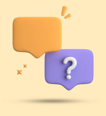 Konuşma baloncuğunun 3d görüntülenmesi, soru işareti simgesi setiyle 3B pastel sohbet.