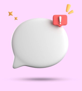 Konuşma baloncuğunun 3d görüntülenmesi, ünlem simgesi simgesi ile 3B pastel sohbet.