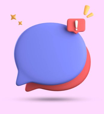 Konuşma baloncuğunun 3d görüntülenmesi, ünlem simgesi simgesi ile 3B pastel sohbet.