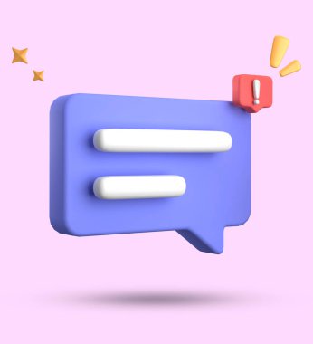 Konuşma baloncuğunun 3d görüntülenmesi, ünlem simgesi simgesi ile 3B pastel sohbet.
