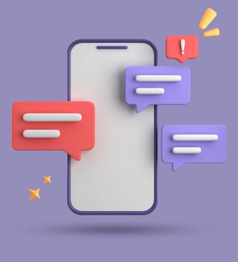 Spartphone ve konuşma baloncuğunun 3D görüntülenmesi, sembollü 3D pastel sohbet, simge seti.