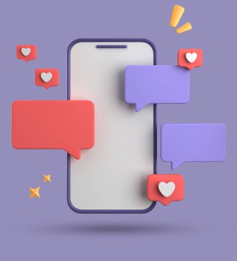 Spartphone ve konuşma baloncuğunun 3D görüntülenmesi, sembollü 3D pastel sohbet, simge seti.