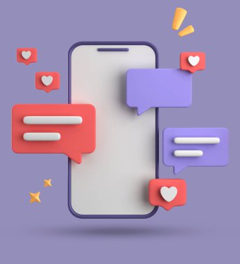 Spartphone ve konuşma baloncuğunun 3D görüntülenmesi, sembollü 3D pastel sohbet, simge seti.