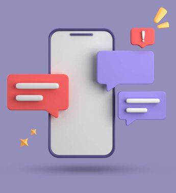 Spartphone ve konuşma baloncuğunun 3D görüntülenmesi, sembollü 3D pastel sohbet, simge seti.