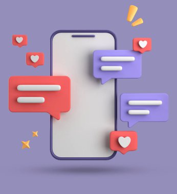 Spartphone ve konuşma baloncuğunun 3D görüntülenmesi, sembollü 3D pastel sohbet, simge seti.