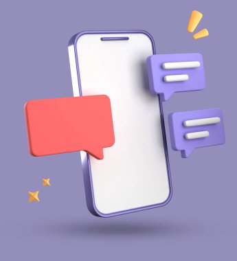 Spartphone ve konuşma baloncuğunun 3D görüntülenmesi, sembollü 3D pastel sohbet, simge seti.