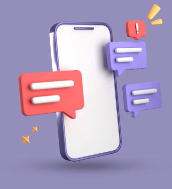 Spartphone ve konuşma baloncuğunun 3D görüntülenmesi, sembollü 3D pastel sohbet, simge seti.