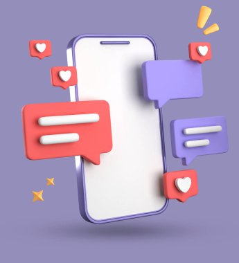 Spartphone ve konuşma baloncuğunun 3D görüntülenmesi, sembollü 3D pastel sohbet, simge seti.