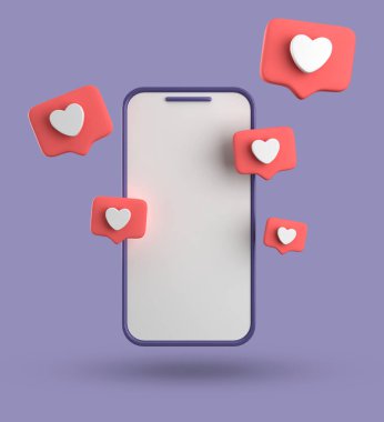 Spartphone ve konuşma baloncuğunun 3D görüntülenmesi, sembollü 3D pastel sohbet, simge seti.