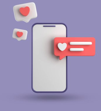 Spartphone ve konuşma baloncuğunun 3D görüntülenmesi, sembollü 3D pastel sohbet, simge seti.