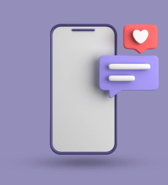 Spartphone ve konuşma baloncuğunun 3D görüntülenmesi, sembollü 3D pastel sohbet, simge seti.