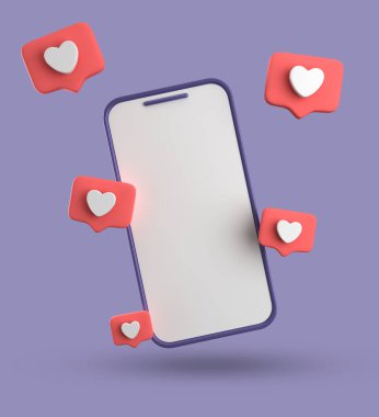 Spartphone ve konuşma baloncuğunun 3D görüntülenmesi, sembollü 3D pastel sohbet, simge seti.