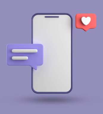 Spartphone ve konuşma baloncuğunun 3D görüntülenmesi, sembollü 3D pastel sohbet, simge seti.