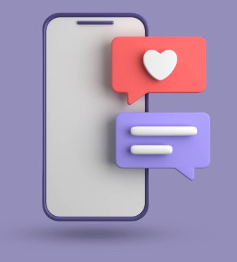 Spartphone ve konuşma baloncuğunun 3D görüntülenmesi, sembollü 3D pastel sohbet, simge seti.