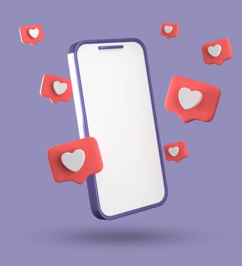 Spartphone ve konuşma baloncuğunun 3D görüntülenmesi, sembollü 3D pastel sohbet, simge seti.