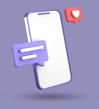 Spartphone ve konuşma baloncuğunun 3D görüntülenmesi, sembollü 3D pastel sohbet, simge seti.