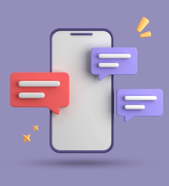 Spartphone ve konuşma baloncuğunun 3D görüntülenmesi, sembollü 3D pastel sohbet, simge seti.