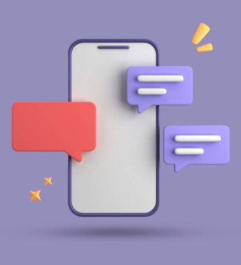 Spartphone ve konuşma baloncuğunun 3D görüntülenmesi, sembollü 3D pastel sohbet, simge seti.