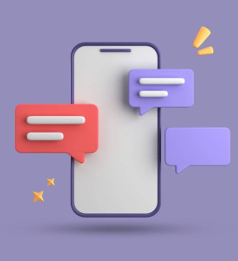 Spartphone ve konuşma baloncuğunun 3D görüntülenmesi, sembollü 3D pastel sohbet, simge seti.