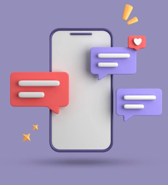 Spartphone ve konuşma baloncuğunun 3D görüntülenmesi, sembollü 3D pastel sohbet, simge seti.