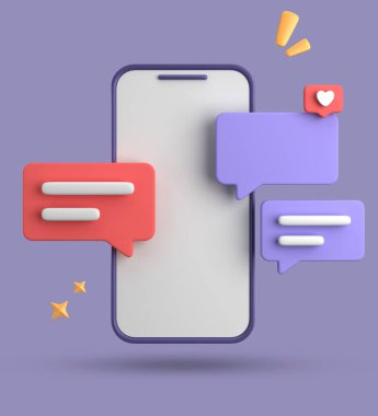 Spartphone ve konuşma baloncuğunun 3D görüntülenmesi, sembollü 3D pastel sohbet, simge seti.