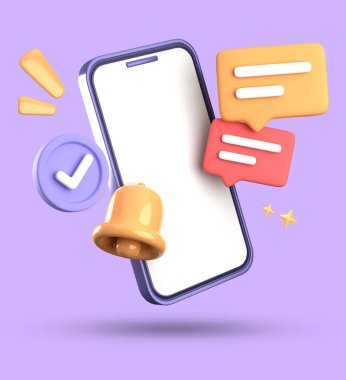 3D akıllı telefon ve çan bildirimi, 3D pastel simge seti.