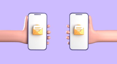Akıllı telefonun üç boyutlu görüntülemesi yandan elle, üç boyutlu pastel smaprtphone süslemeli, simge seti.
