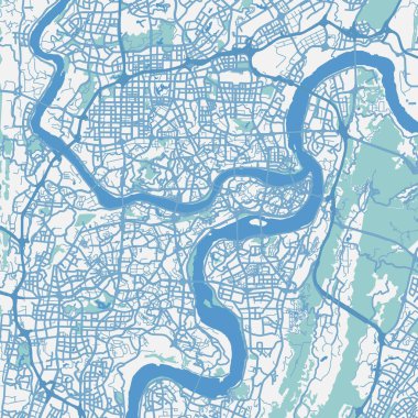 Çin 'deki mavi Chongqing haritası. Yol suyu, parklar vs. içeren katmanlı vektör içerir.