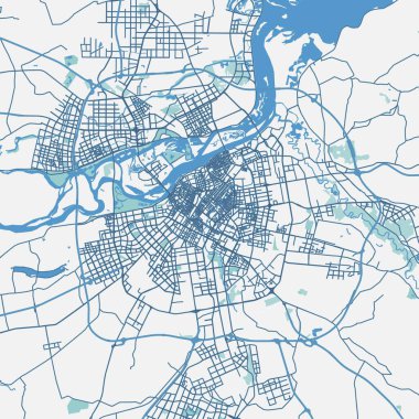 Harbin 'in Çin' deki mavi haritası. Yol suyu, parklar vs. içeren katmanlı vektör içerir.