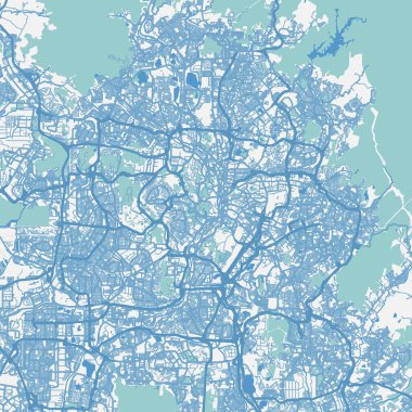 Malezya 'daki mavi Kuala Lumpur haritası. Yol suyu, parklar vs. içeren katmanlı vektör içerir.