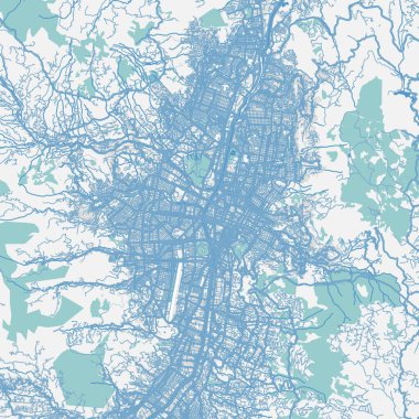 Kolombiya 'daki mavi Medellin haritası. Yol suyu, parklar vs. içeren katmanlı vektör içerir.