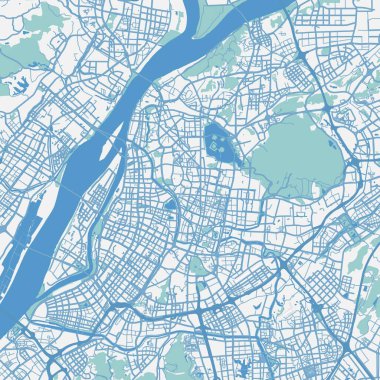 Nanjing 'in mavi haritası. Yol suyu, parklar vs. içeren katmanlı vektör içerir.