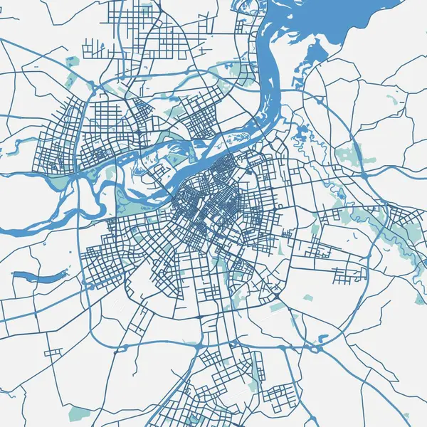 stock vector Map of Harbin in China in blue. Contains layered vector with roads water, parks, etc.