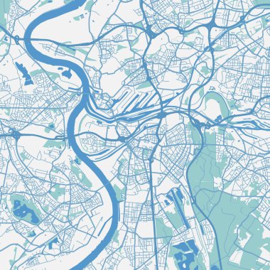 Map of Duisburg in Germany in blue. Contains layered vector with roads water, parks, etc. clipart