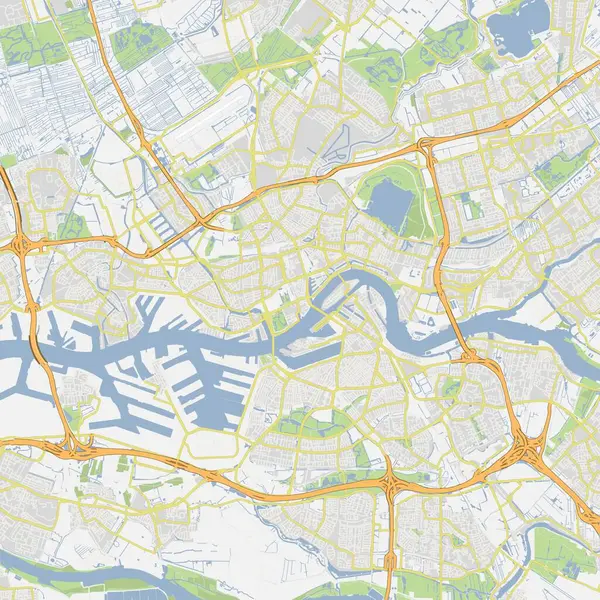 Hollanda Rotterdam 'ın yol haritası. Yol suyu, parklar vs. içeren katmanlı vektör içerir.