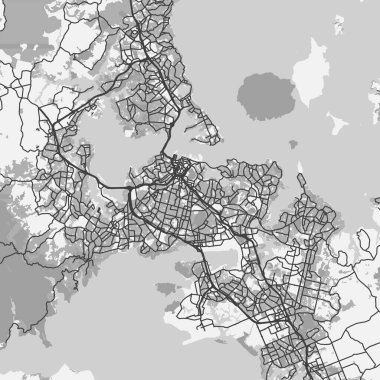 Yeni Zelanda 'daki Auckland haritası gri tonda. Yol suyu, parklar vs. içeren katmanlı vektör içerir.