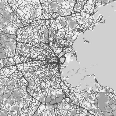 Massachusetts 'te gri tonda Boston haritası. Yol suyu, parklar vs. içeren katmanlı vektör içerir.