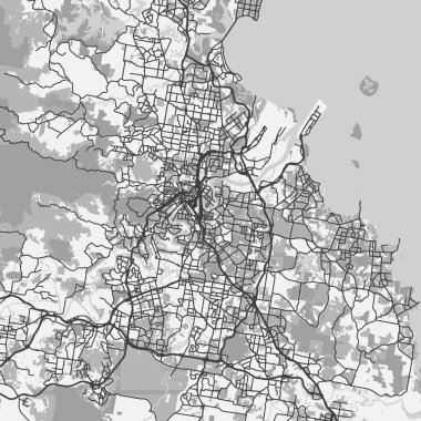 Avustralya 'daki Brisbane haritası gri tonda. Yol suyu, parklar vs. içeren katmanlı vektör içerir.