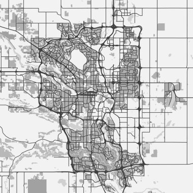 Kanada 'daki Calgary haritası gri tonda. Yol suyu, parklar vs. içeren katmanlı vektör içerir.