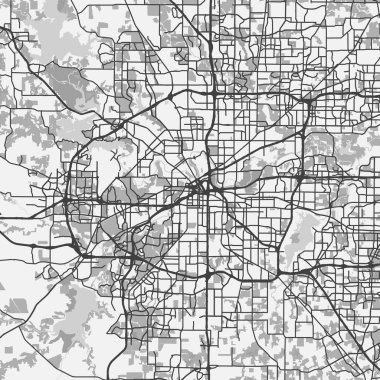 Teksas 'taki Fort Worth haritası gri tonda. Yol suyu, parklar vs. içeren katmanlı vektör içerir.