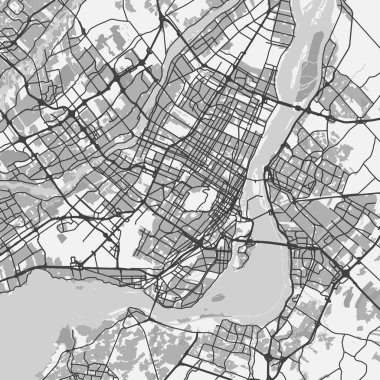 Montreal 'in Kanada haritası gri tonda. Yol suyu, parklar vs. içeren katmanlı vektör içerir.