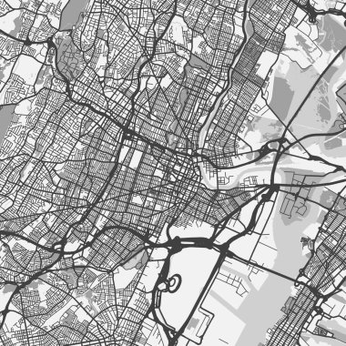 New Jersey 'deki Newark haritası gri tonda. Yol suyu, parklar vs. içeren katmanlı vektör içerir.