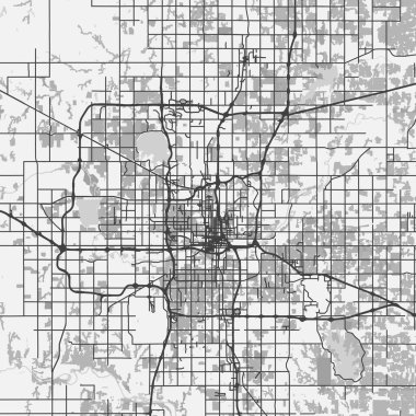 Oklahoma şehrinin haritası, gri tonda. Yol suyu, parklar vs. içeren katmanlı vektör içerir.