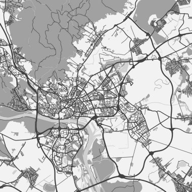 Slovakya 'daki Bratislava haritası gri tonda. Yol suyu, parklar vs. içeren katmanlı vektör içerir.