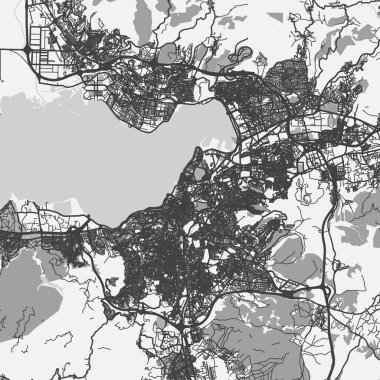 Türkiye 'deki İzmir haritası gri tonda. Yol suyu, parklar vs. içeren katmanlı vektör içerir.